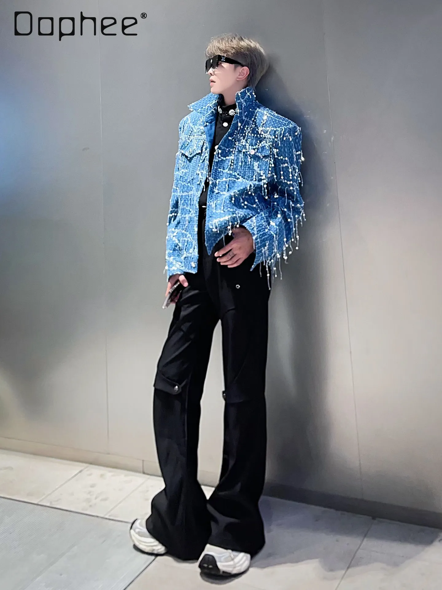 

Spring Autumn New Korean Style Street Style Cool Handsome Men's Pearl Tassel Patchwork Design Stand Collar Blue Jacket
