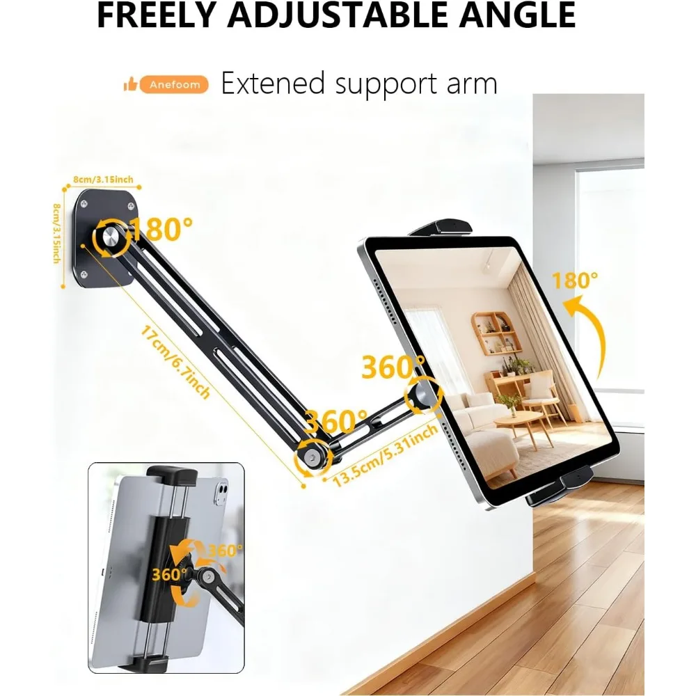 Heavy Duty Aluminum Tablet Wall Mount, Extendable and Adjustable, 360° Rotating Base, Suitable for Various Devices 4.7-13" view 2
