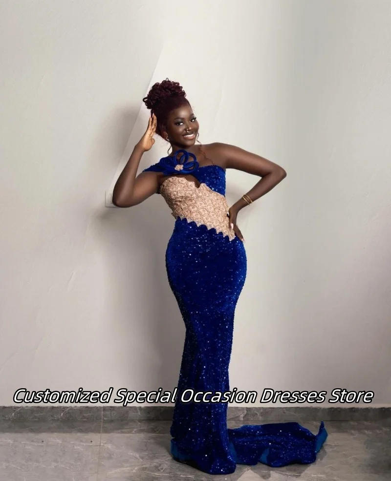 Vestido de noche de sirena de un hombro azul real brillante para niñas negras vestidos de fiesta con cuentas de lujo vestidos de fiesta de boda personalizados