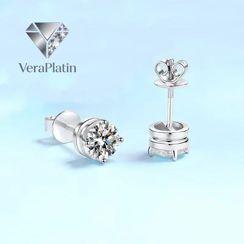 

VeraPlatin Girl Birthday Gift 18K White Gold Stud Earrings Women Wedding Moissanite Diamond 0.3/0.5/1/2CT PT950 Platinum Valenti