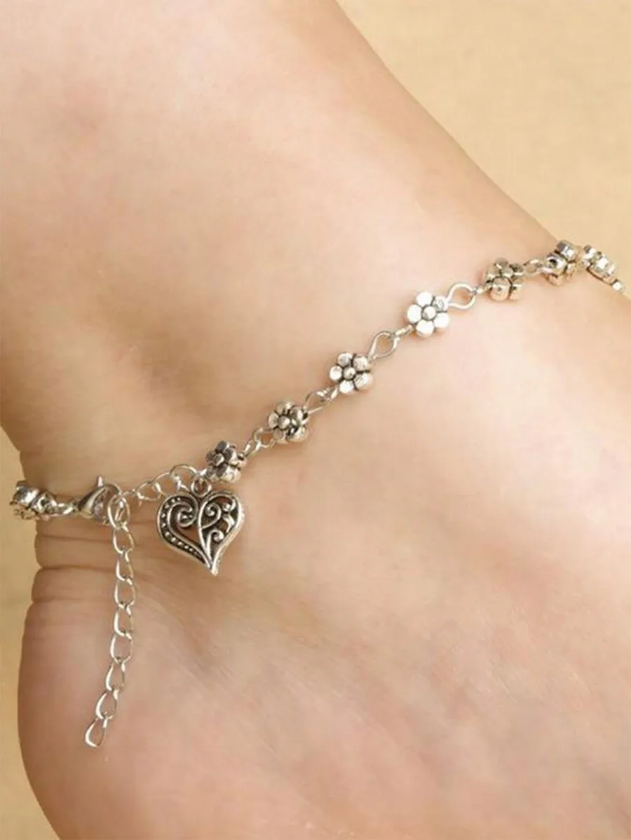 1pc Vintage Silver-Color Hollow Out Plum Flower & Small Flower Design Heart Shaped Foot Chain/Bracelet Valentines,Mom,Mother,Mot