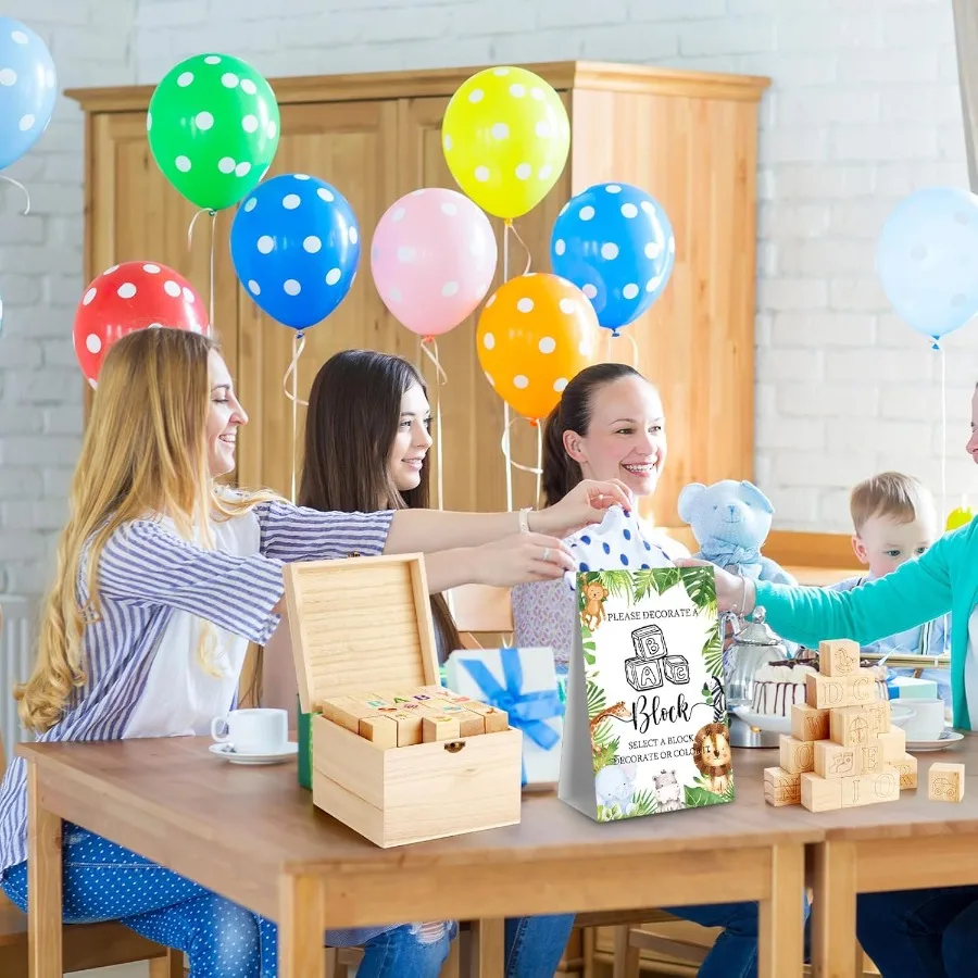 Marsui 136 Stück Babyparty-Blöcke zum Dekorieren von Spielset, inklusive 98 Holzblöcken, 36 Markern, 1 Spielzeichen, 1 Aufbewahrungsbox für Babys