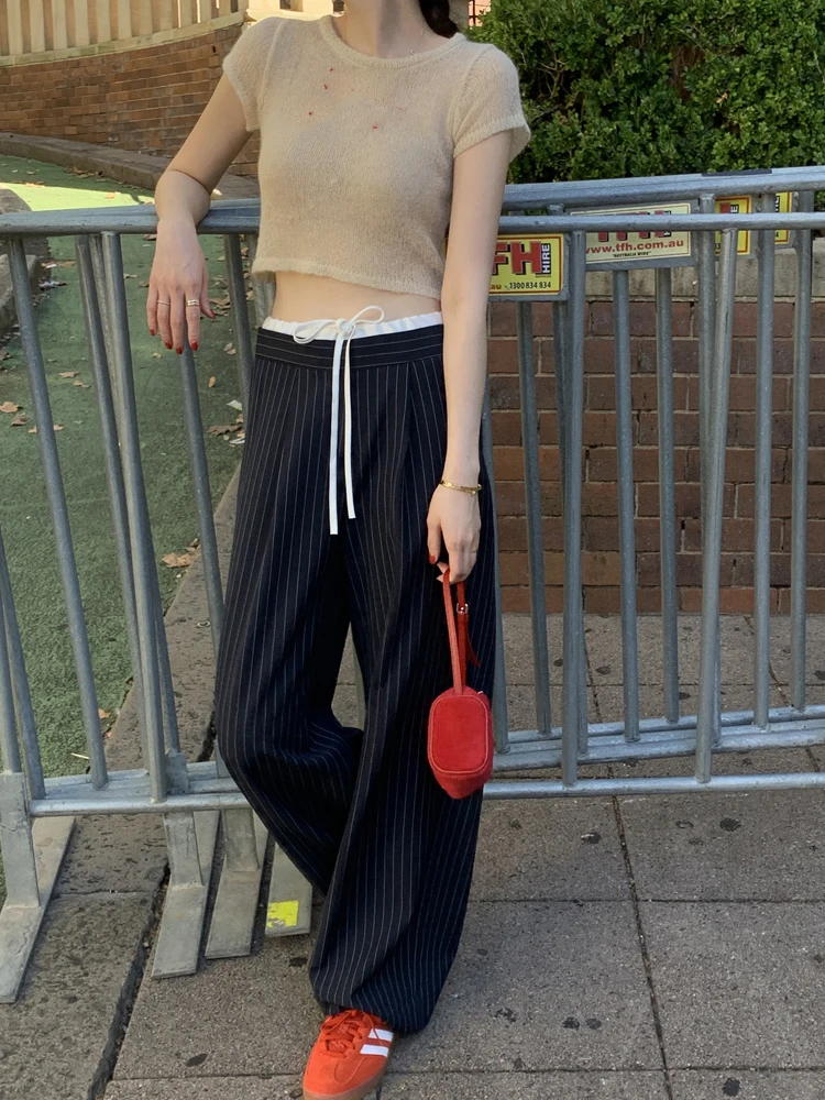 High Waist Wide Leg Pants Women's Casual Trousers Spring 2024 Chic Vintage Patchwork Striped Casual Pants Korean Style
