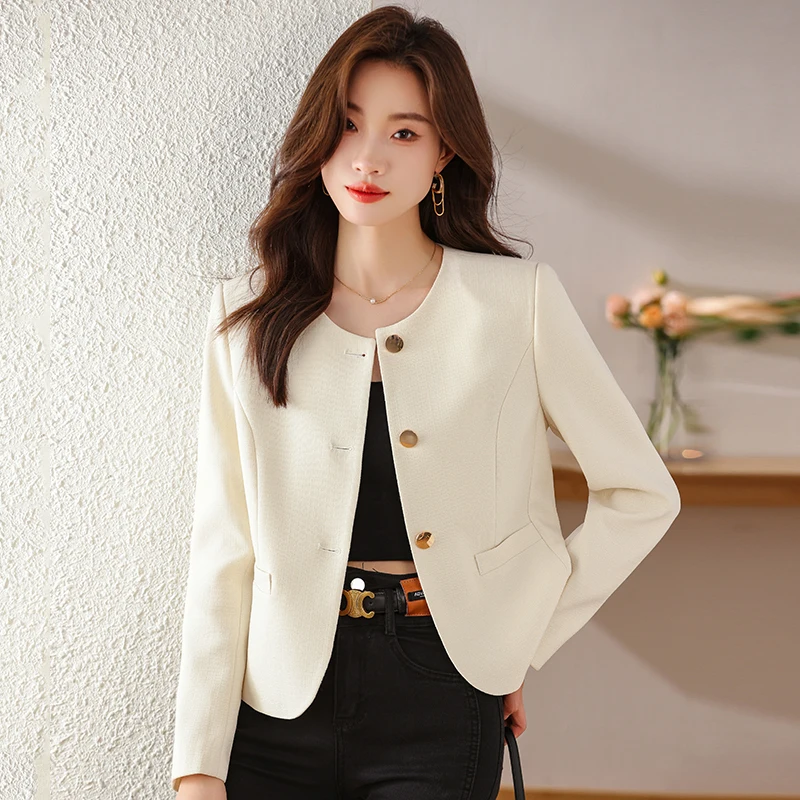 

Women's Spring/Summer Retro Casual Short sleeved Blazers French Commuter Solid Color Loose Single breasted Round Neck Suit Coat