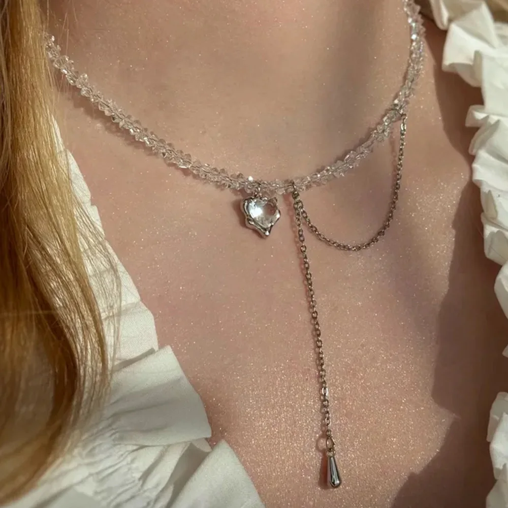 Vintage Zircon Heart Shaped Chain Flow Pendant Necklace 2026 Simple and Creative Sweet Crystal Beads Girl's Birthday Jewelry