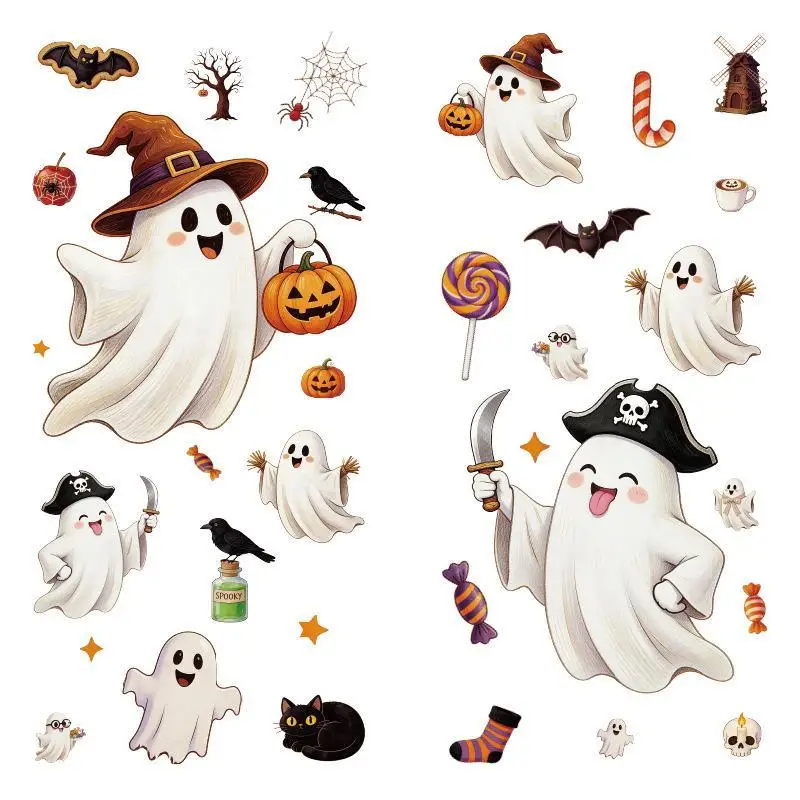 1/2 Sheets Cute Halloween Ghost Window Stickers Removable Vivid Print For Home Party Holiday Decor