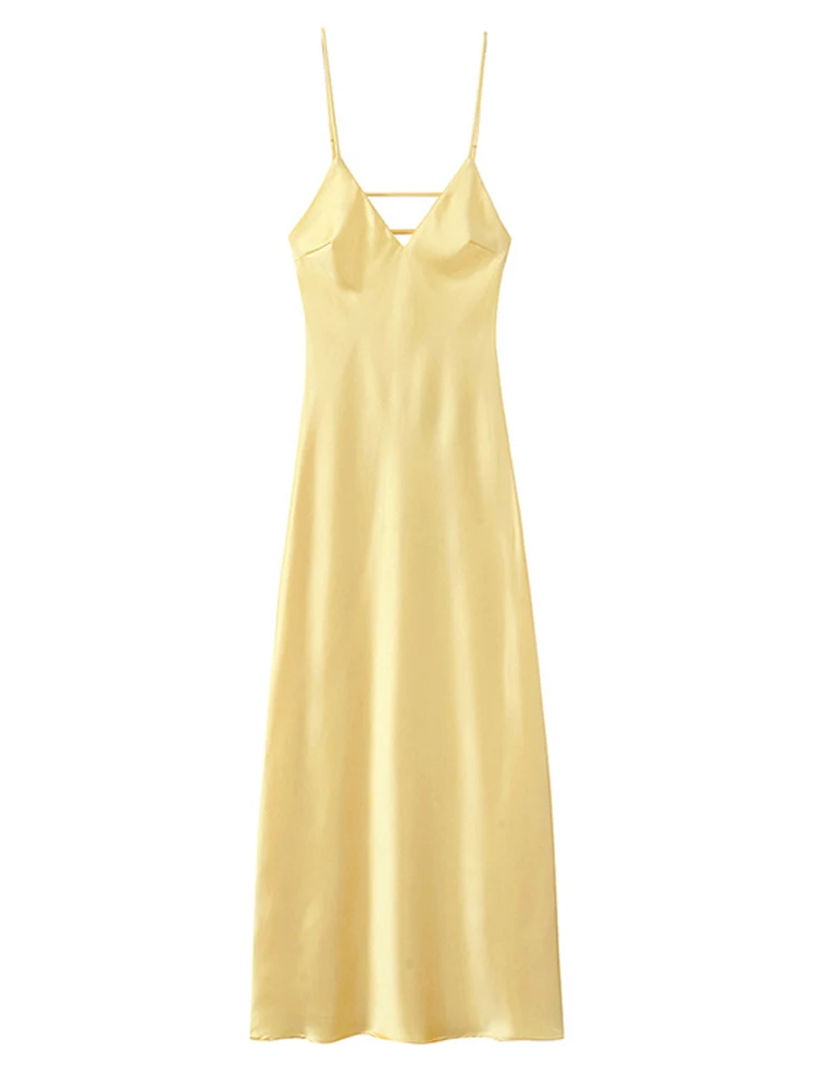 Robe longue en Satin élégante pour femmes, Sexy, dos nu, sans manches, col en v, mode d'été 2021, jaune, Robes de soirée en boîte de nuit