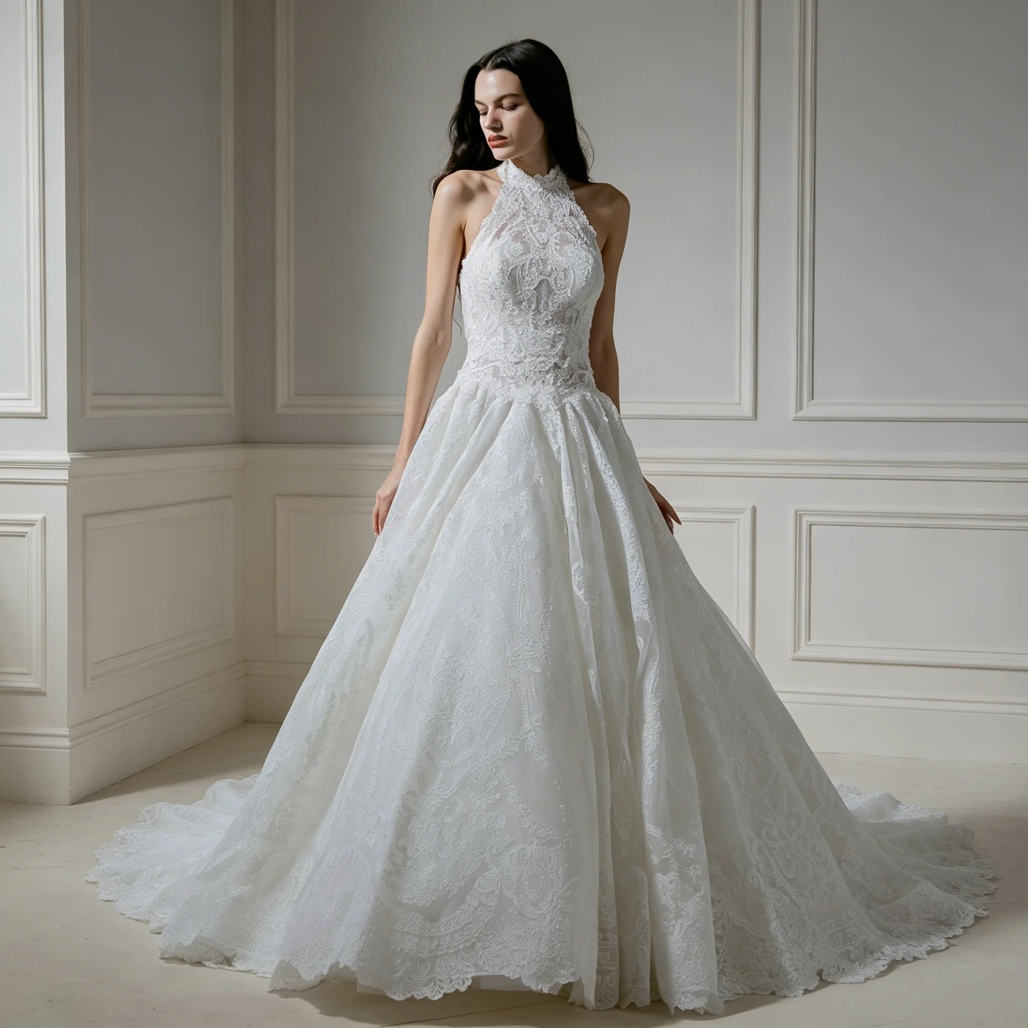 Full Lace A Line Vintage Halter High Neck Wedding Dress Sleeveless Cutout Shoulder Detachable Bow Bridal Ball Gown Customizable