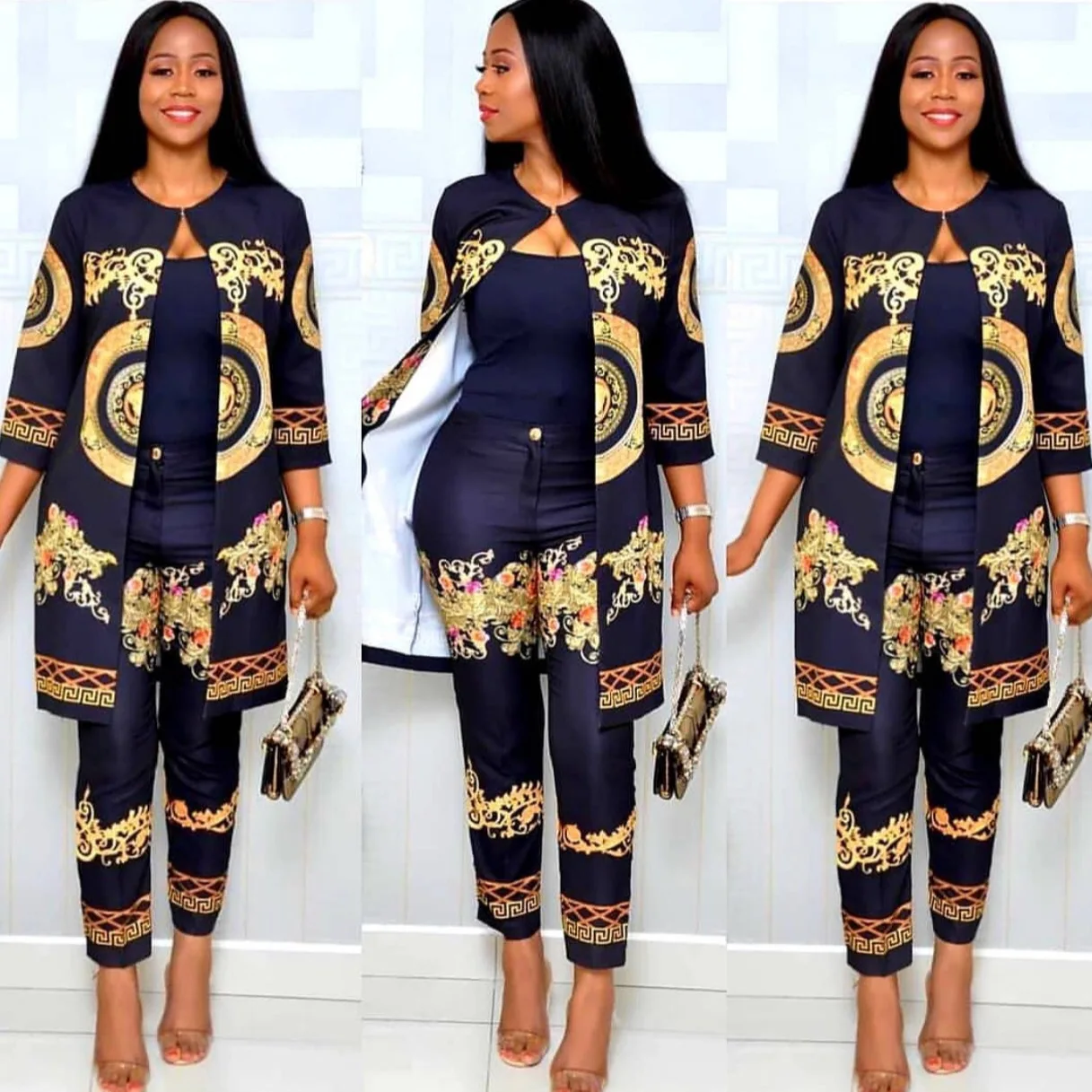 Women's Atmospheric And Fashionable Digital Printed Medium Sleeved Jacket+Long Pants Set