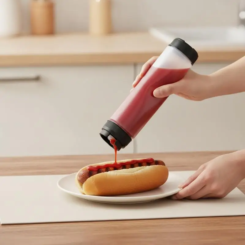 Food Grade Refillable Squeeze Bottle Large Valve Leakproof Condiment Container for BBQ Picnic Sauce Syrup Cream