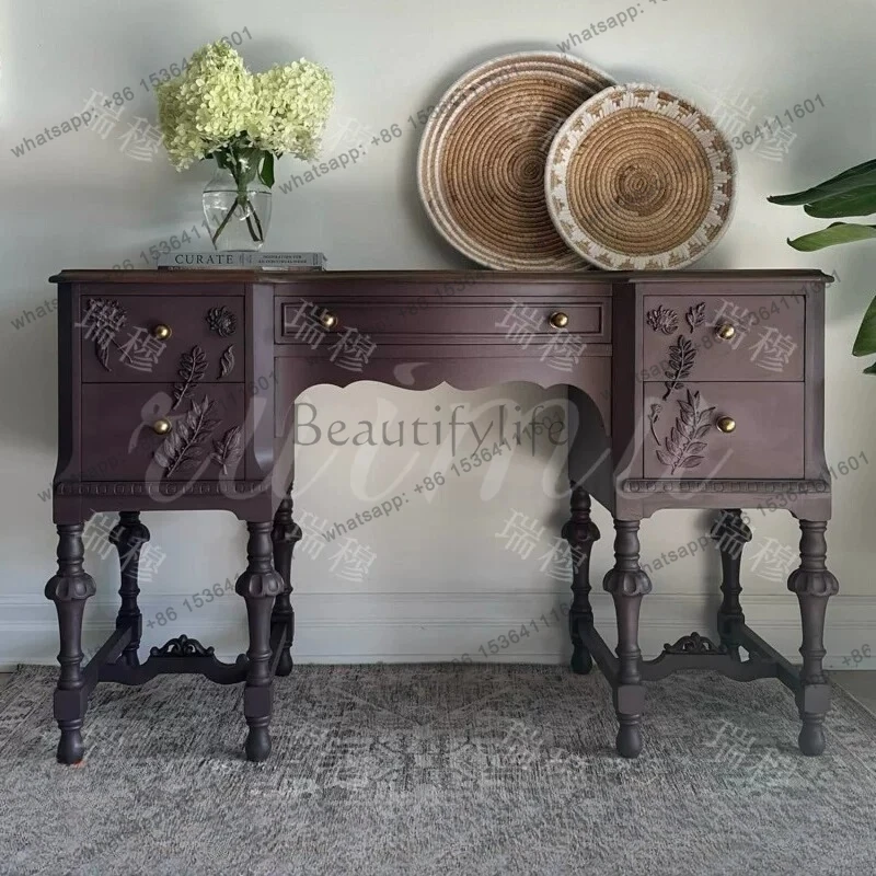 French purple carved small apartment desk American retro style solid wood writing desk