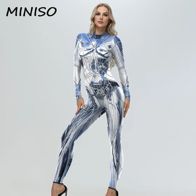 MINISO Cool Punk Bodysuit Reflect Armour Steampunk Print Zentai Suits Halloween Party Cosplay Costume Jumpsuit Women Clothing