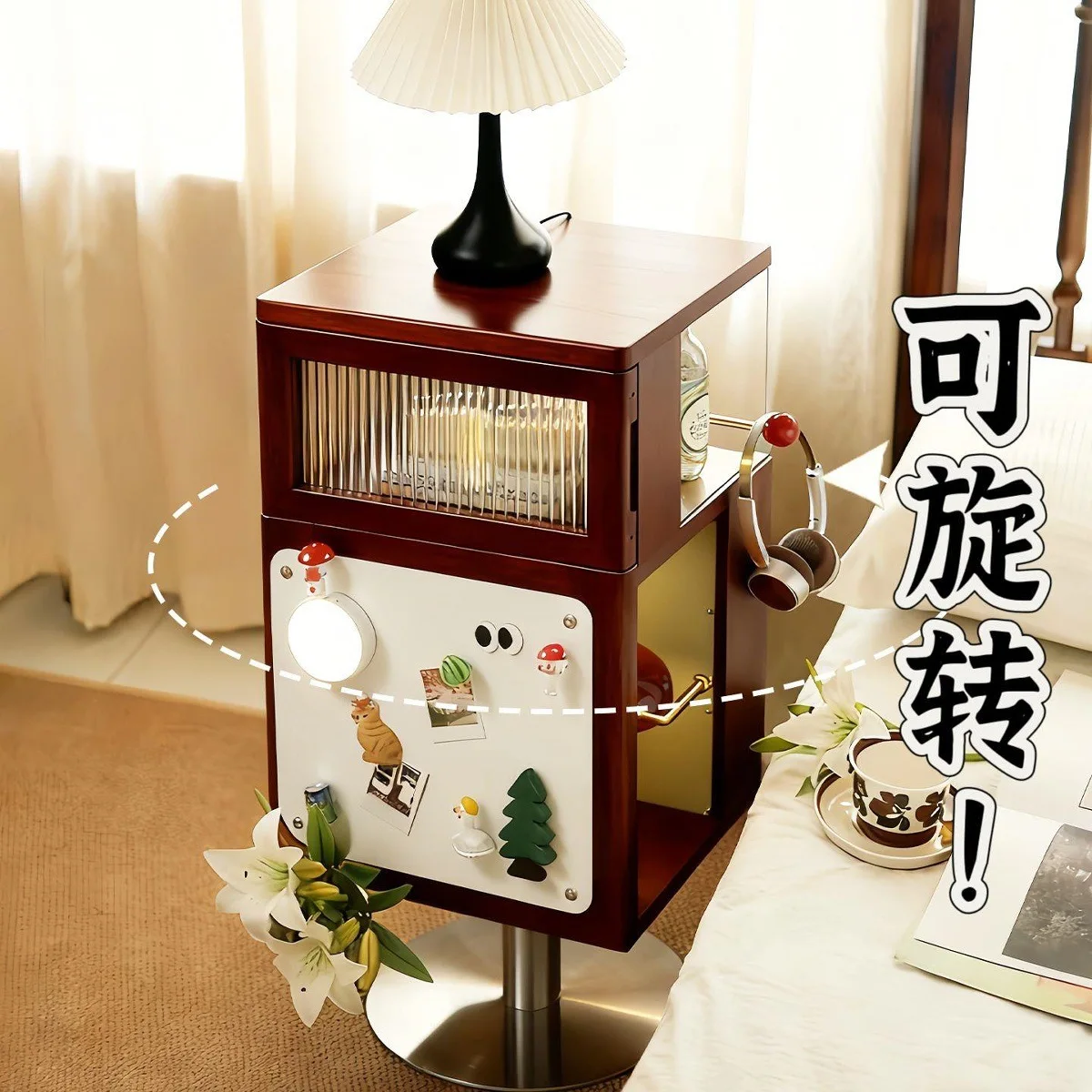 Solid wood bedside table, shelf, household mobile edge few, integrated record player cabinet with desk lamp