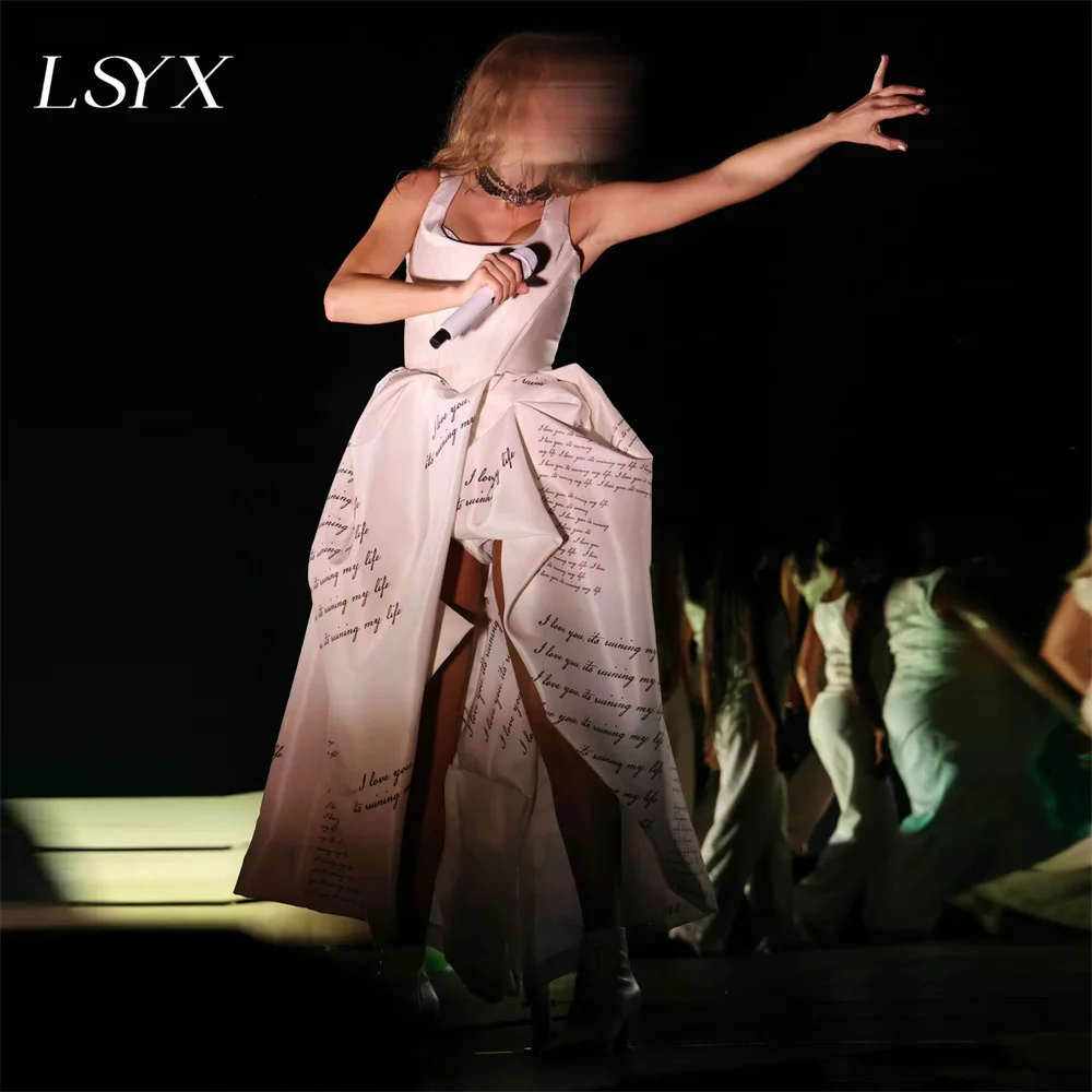 LSYX Square Neck Taffeta Crepe Lyrics Print Sleeveless Prom Dresses High Low A-Line Ankle Length Concert Gown Custom Made