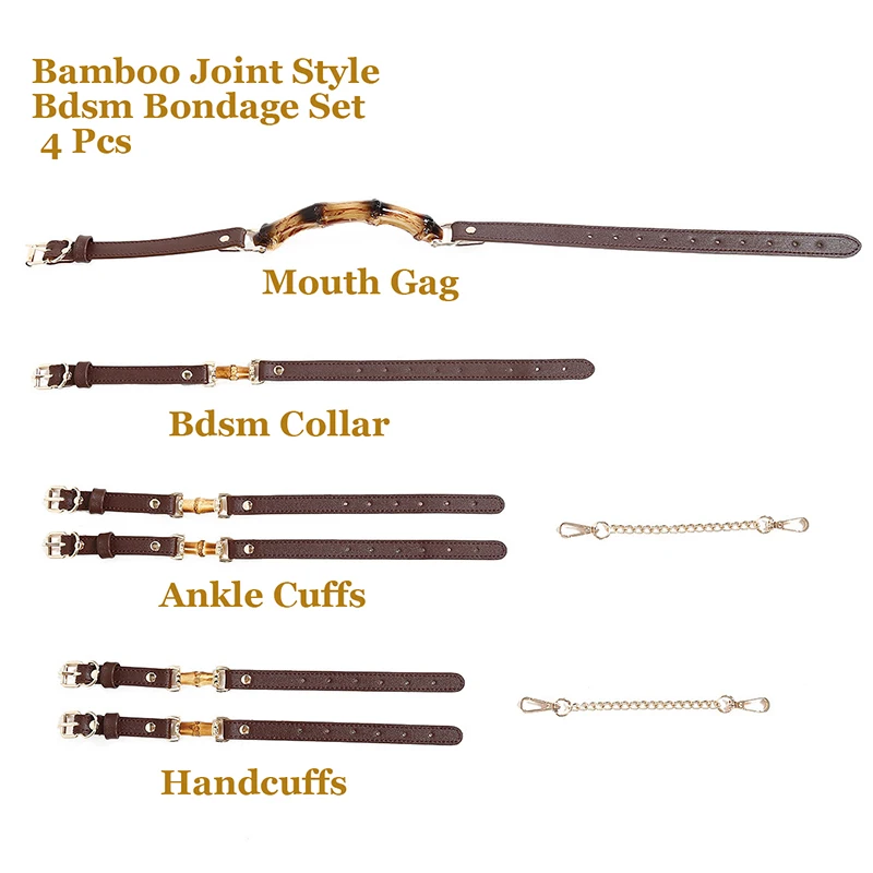 Bamboo Joint Style Bdsm Bondage Set Slave Bdsm Collar PU Leather Sex Handcuffs Anklecuffs Open Mouth Gag Sex Toys for Woman Men