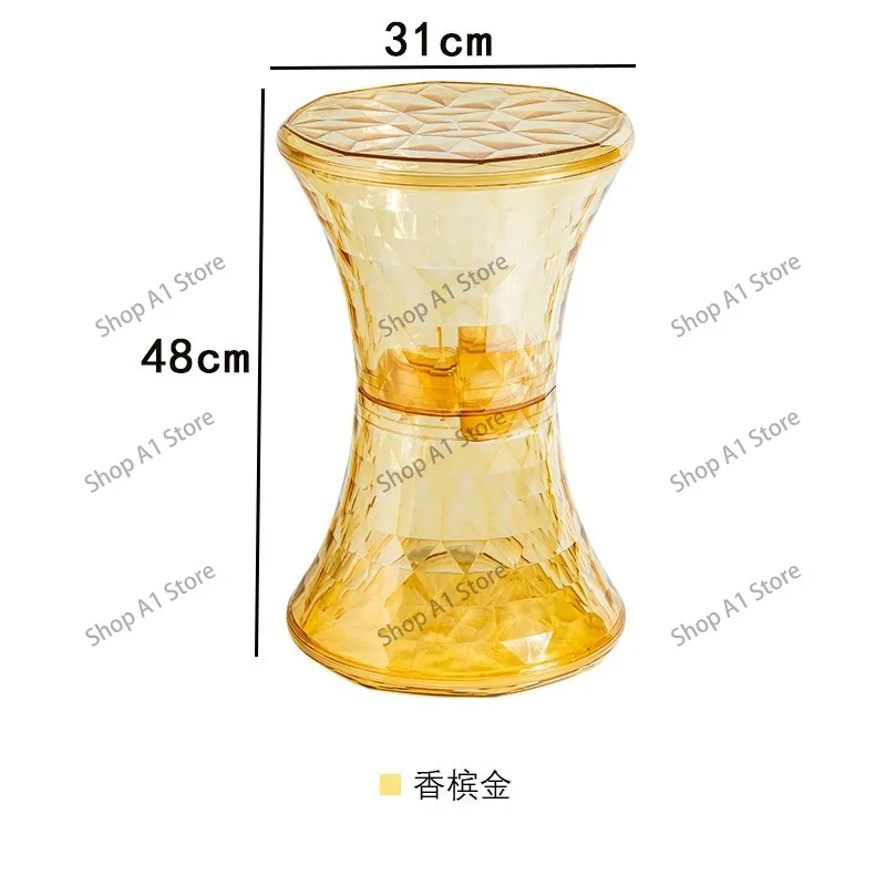Transparent Crystal Round Storage Stool, 2-in-1 Multi-purpose Ottoman as Coffee Table & Makeup Shoe Changing Seat for Home