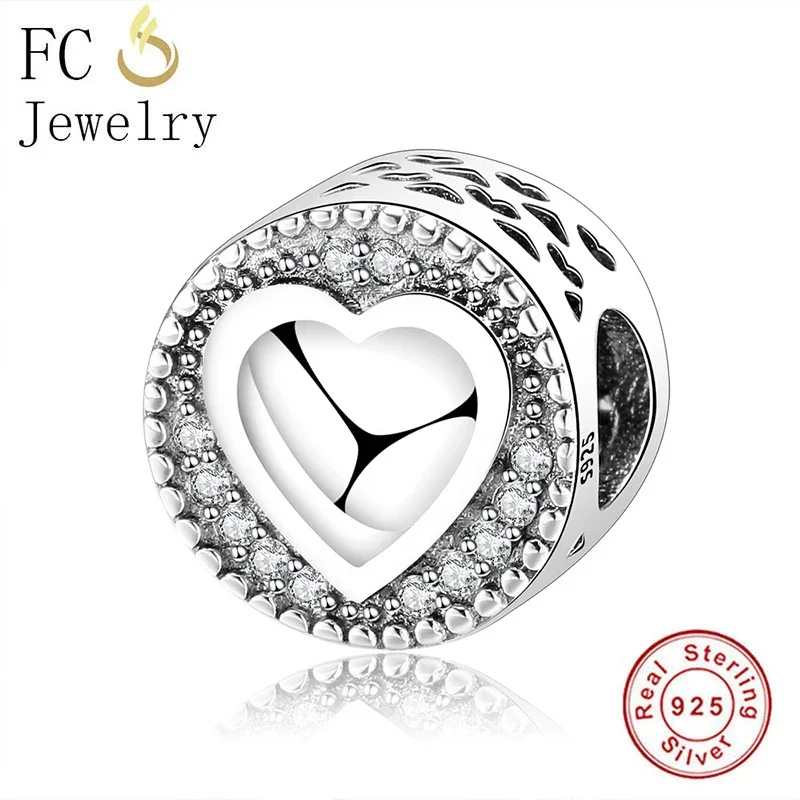 FC Jewelry Fit Original Charms Bracelet Authentic 925 Sterling Silver Round Heart Zirconia Bead For Making Women Berloque 2020