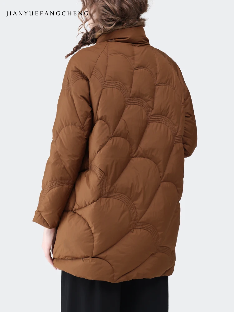 Fashion Fur Collar Women Winter Brown Down Jacket Warm Lightweight Disc Buckle Design Loose Casual Windproof Embroidery Parkas