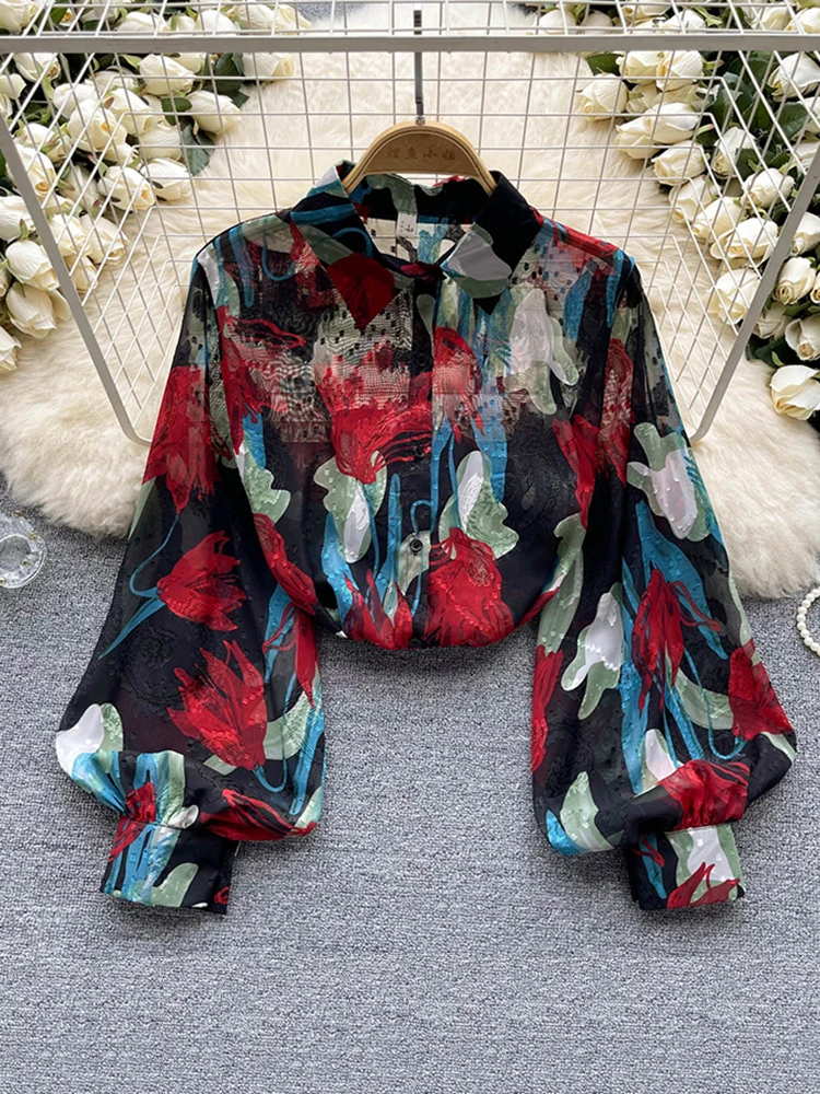 Spring Autumn Temperament Fashion Retro Chiffon Floral Blouses Print Loose Lapel Puff Sleeve Top Button Up Shirt Female A69