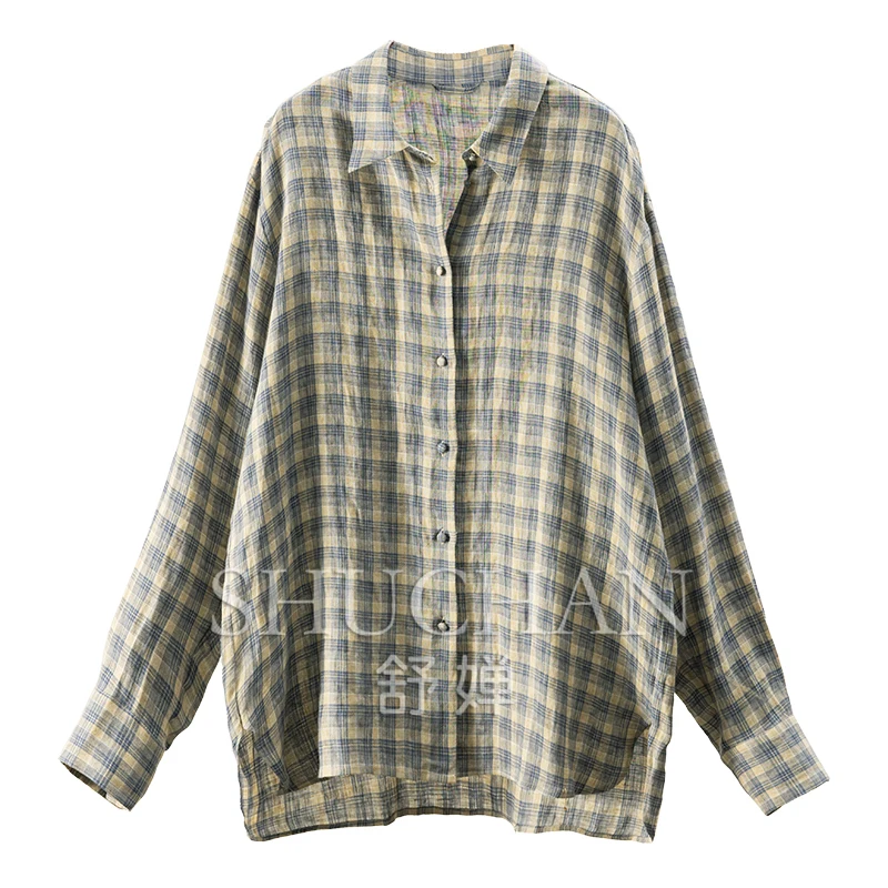 100% Linen High Quality Literary Retro Yarn Plaid Long Sleeve Plaid Shirt Women's 0Y59 Blusa Feminina