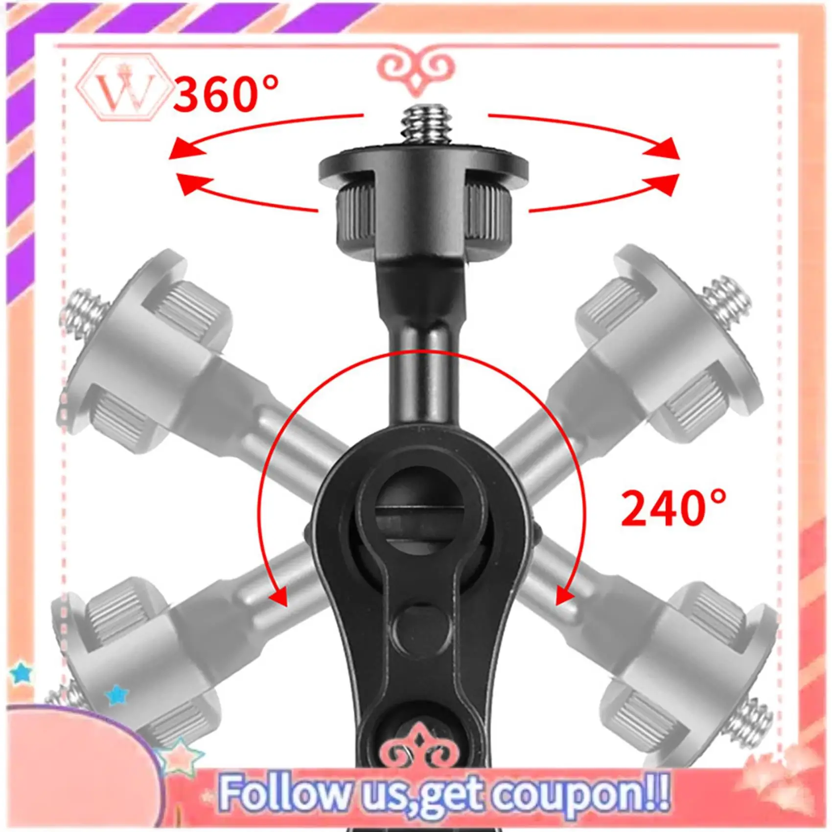 

Upgraded 3X Double 1/4 Ball Head Adapter Magic Arm Crab Clamp 3/8 Mount Light Field Monitor Camera Stand Bracket - Black