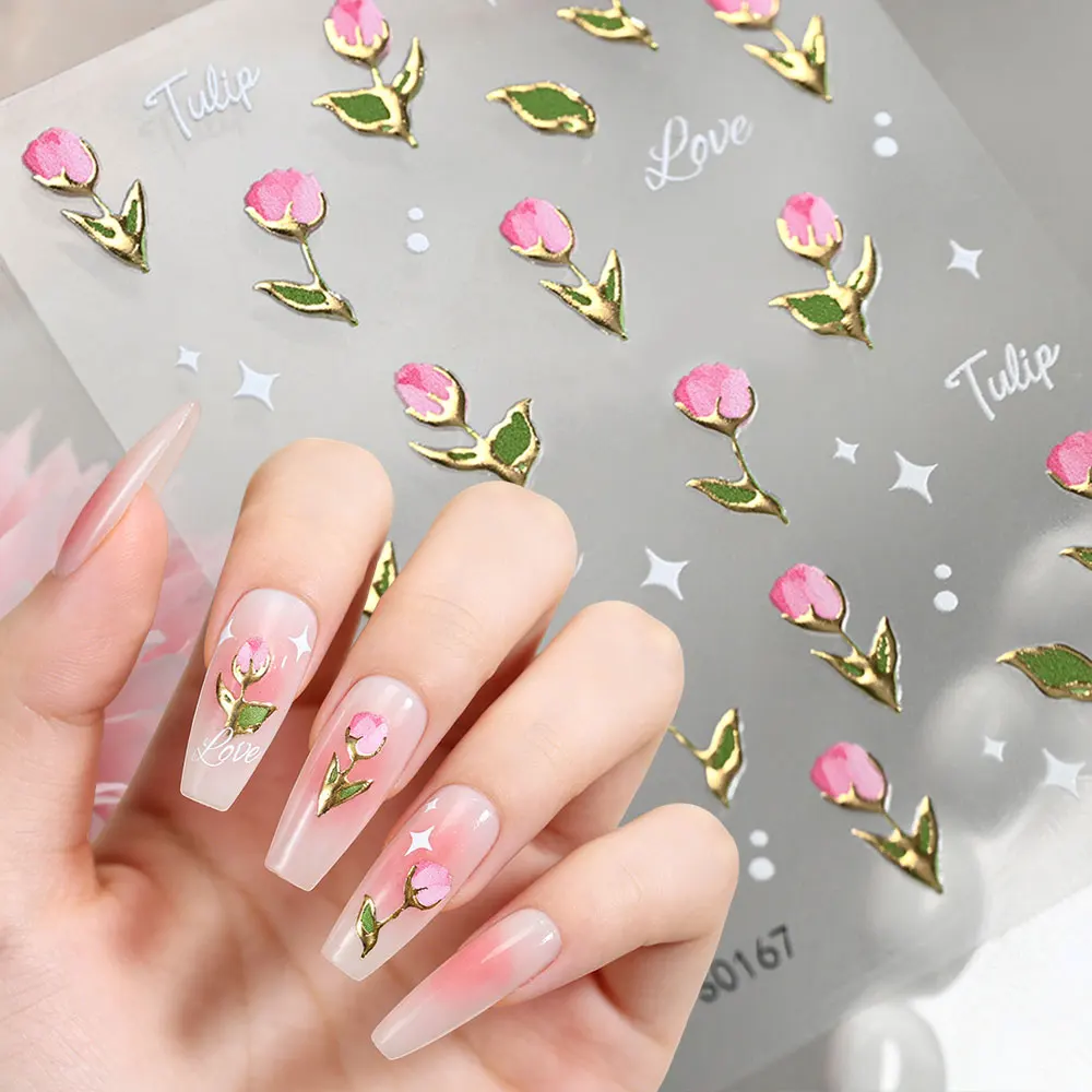 

5D Embossed Spring Summer Pink Tulip Nail Art Stickers Gold Outline Tulip Love Nail Decals Self-Adhesive DIY Manicure Decoration