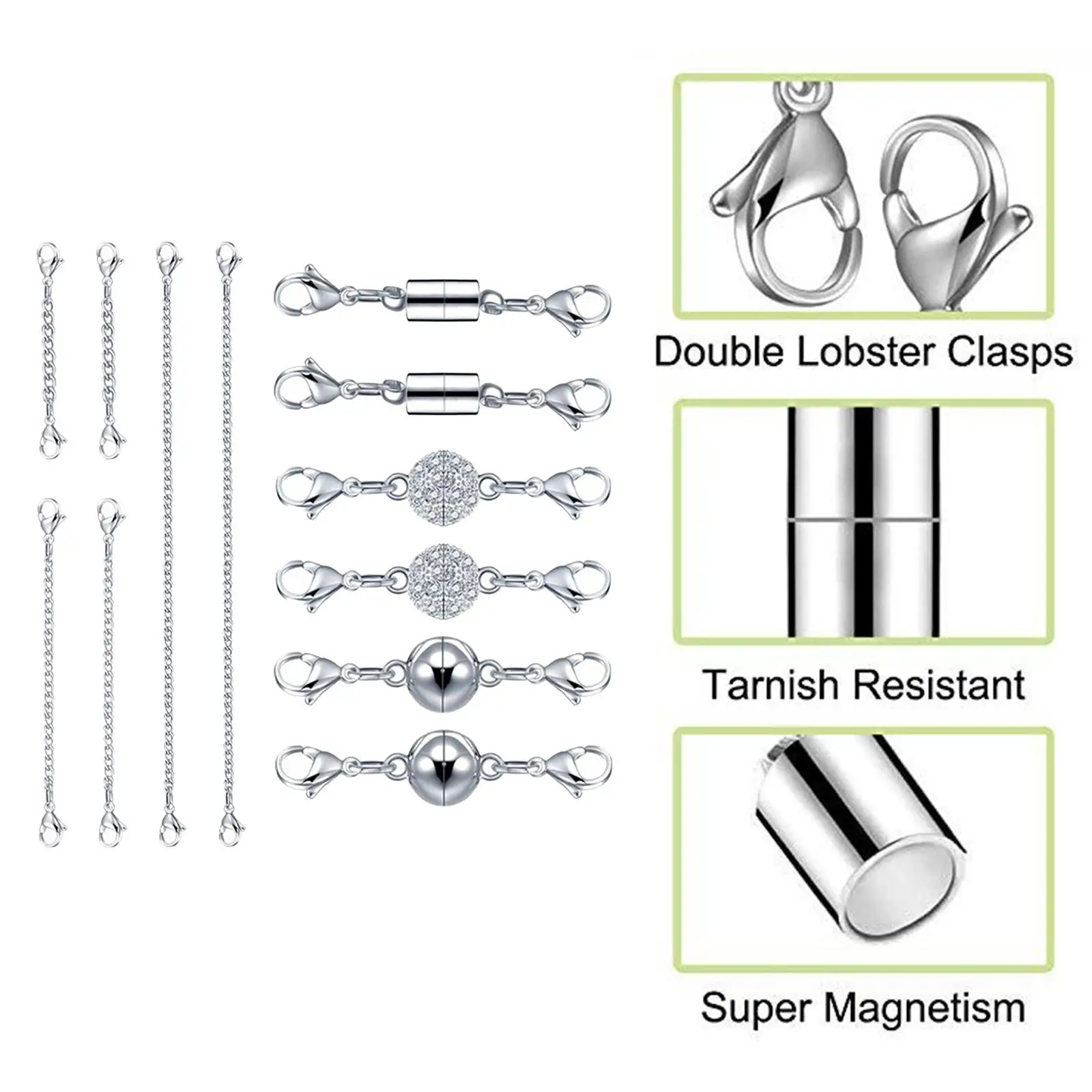 실버 쥬얼리 마그네틱 걸쇠 커넥터 체인 익스텐더, 잠금 잠금, 2x 12x