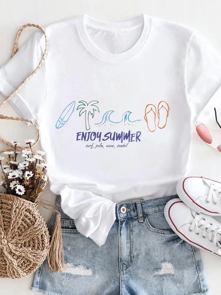 Enjoy Summer Printed Women's Popular O-Neck Top Short Sleeve Travel Beach Vacation Pattern Cartoon 90s White Women's T-Shirt