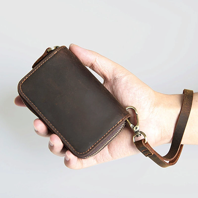 Genuine Leather Key Wallets Men Vintage Handmade Zipper Car Key Holder Cowhide Keys Organizer Women Housekeeper Case Coin Purse