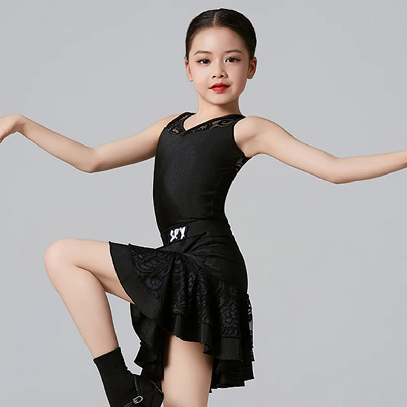 Girls Latin Dance Clothes Black Sleeveless Lace Dress Summer Kids Latin Practice Clothing Cha Cha Rumba Samba Dance Dress V20262