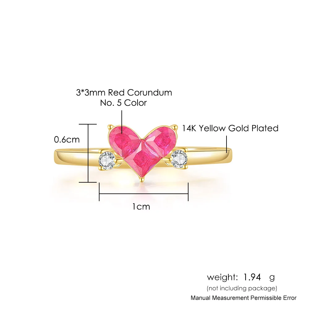 LAMOON 925 Silver Ring For Women Cute Sweety Heart Synthetic Corundum 14K Gold Plated Fine Jewelry Gift Japanese Style LMRI151