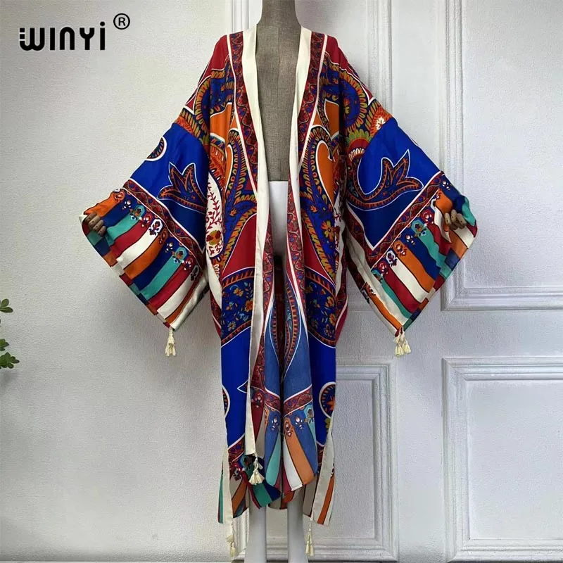 Winyi Zomer Nieuwe Boho Print Strand Cover Up Zwempak Elegant Afrikaanse Vrouwen Vest Sexy Vakantie Lange Mouw Kimono Maxi Jurk