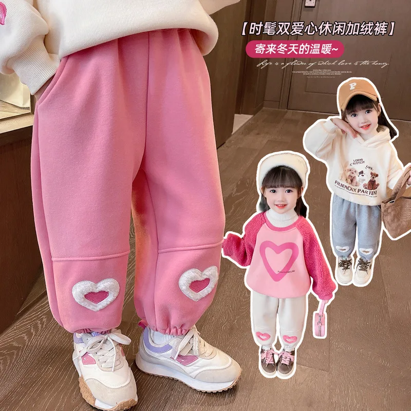 

Girls Fleece Pants Warm Trousers for Kids Love Heart Children Trousers 2023 Fall Winter Baby Thicken Clothing Korean Style