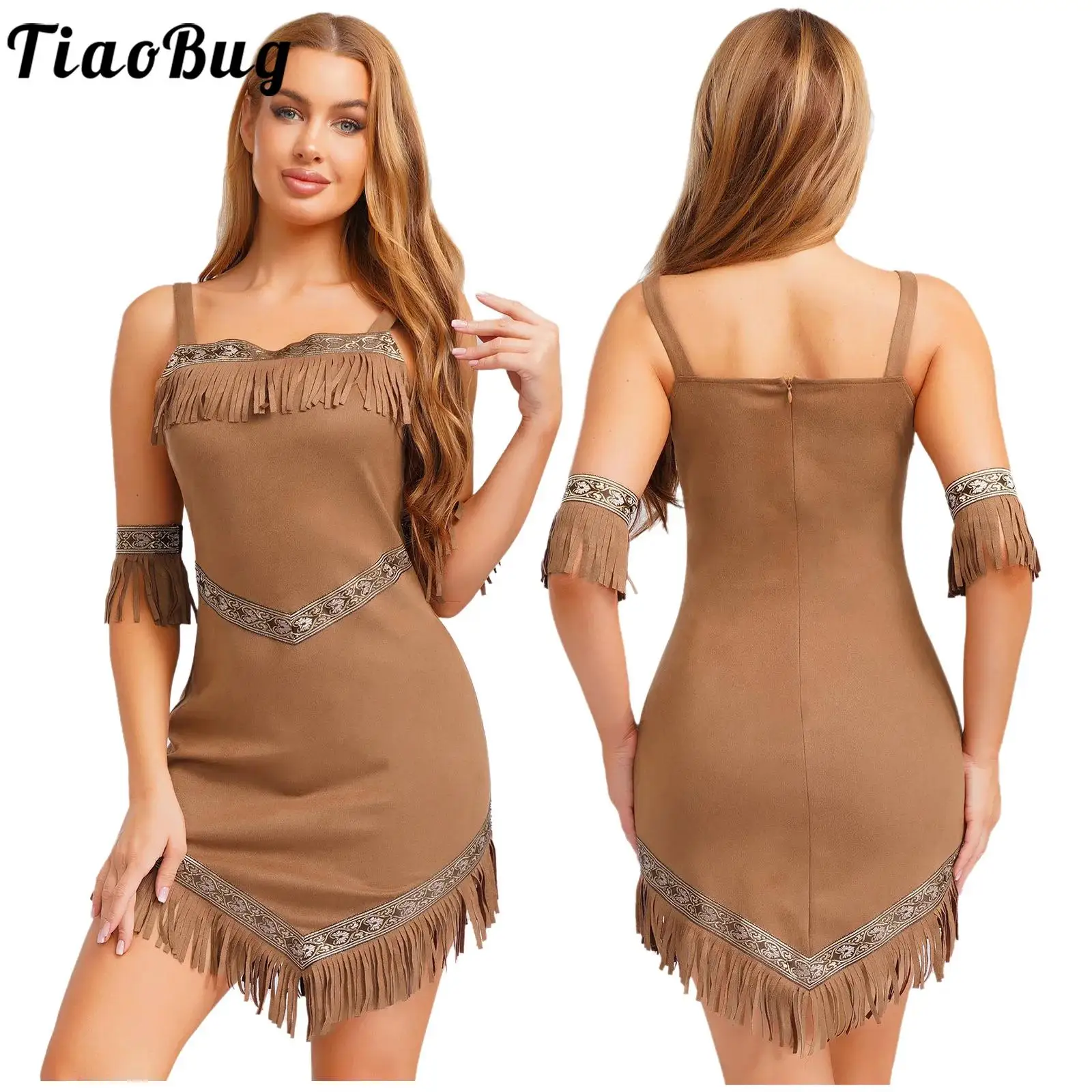 

Women Native Tribe Princess Costume Faux Suede Aboriginal Cosplay Dress Trim Tassel Irregular Hem Dress for Halloween Rave Party