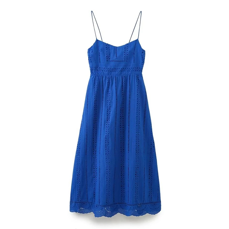 

Jenny&Dave French Country Style Embroidered Hollow Royal Blue Midi Dress Female Holiday Casual Cotton Suspender Dress