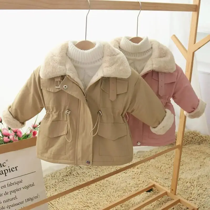 Velvet Plush Warm Kids Lapel Windbreaker Jackets Girls Coat Winter Children Fashion Cute Outerwear Toddler Baby Clothes 2024 New