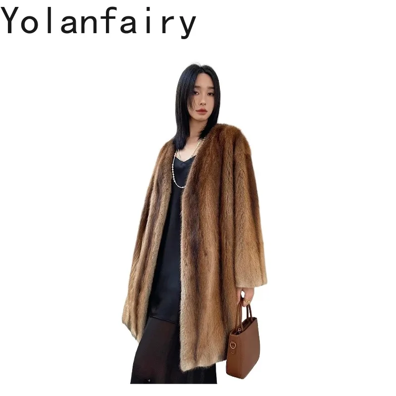 YOLANFAIRY Real Whole Muskrat Fur Coat Woman Mid-length 85cm Luxury Natural Fur Jacket Winter Coats Women Clothing 2026 шуба