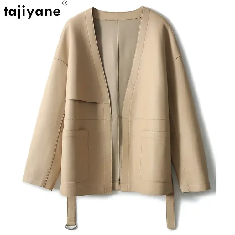 Fujiyane jaket kulit asli untuk wanita, mantel kulit domba asli, jaket kulit leher-v elegan, mantel kulit lurus, sabuk Korea