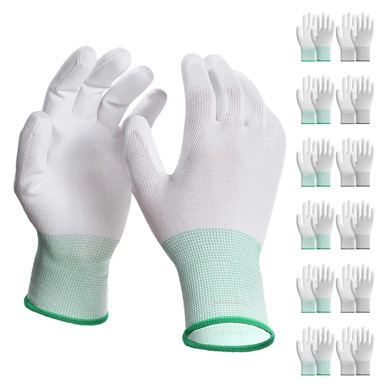 6/12/18PCS Anti-Slip PU Coated White Gloves Durable Nylon Safety Work White Gloves for Gardening Machinery Automotive Repair
