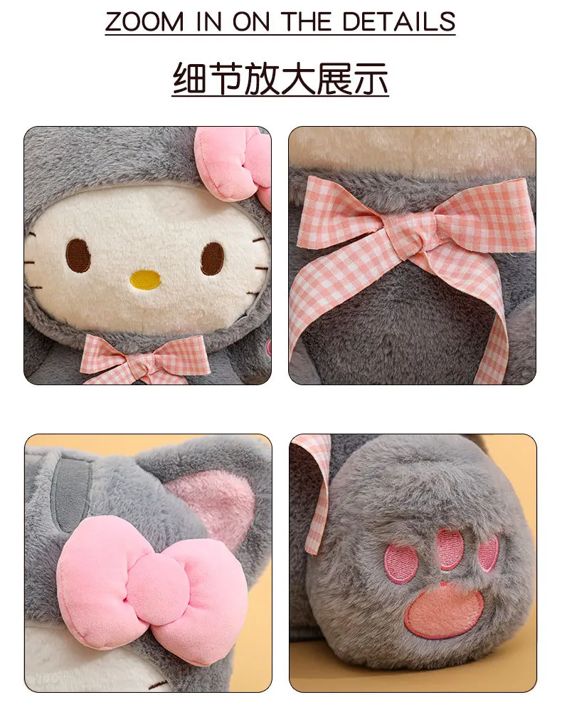 20/30/45/60CM Niedliche Graue Katze Hello Kitty Plüschpuppe mit Kariertem Schleifendesign KT Stofftier Weiches Kissen Heim- und Raumdekoration Geburtstagsgeschenk – Detail 6