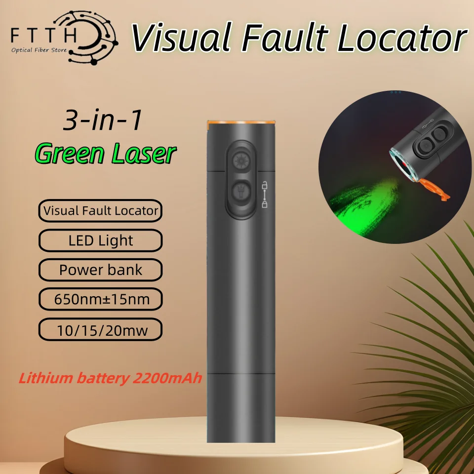 

FTTH Fiber Optical Green Light Visual Fault Locator Rechargeable VFL 2200mAh Large Capacity 10/15/20mw for Network Engineer