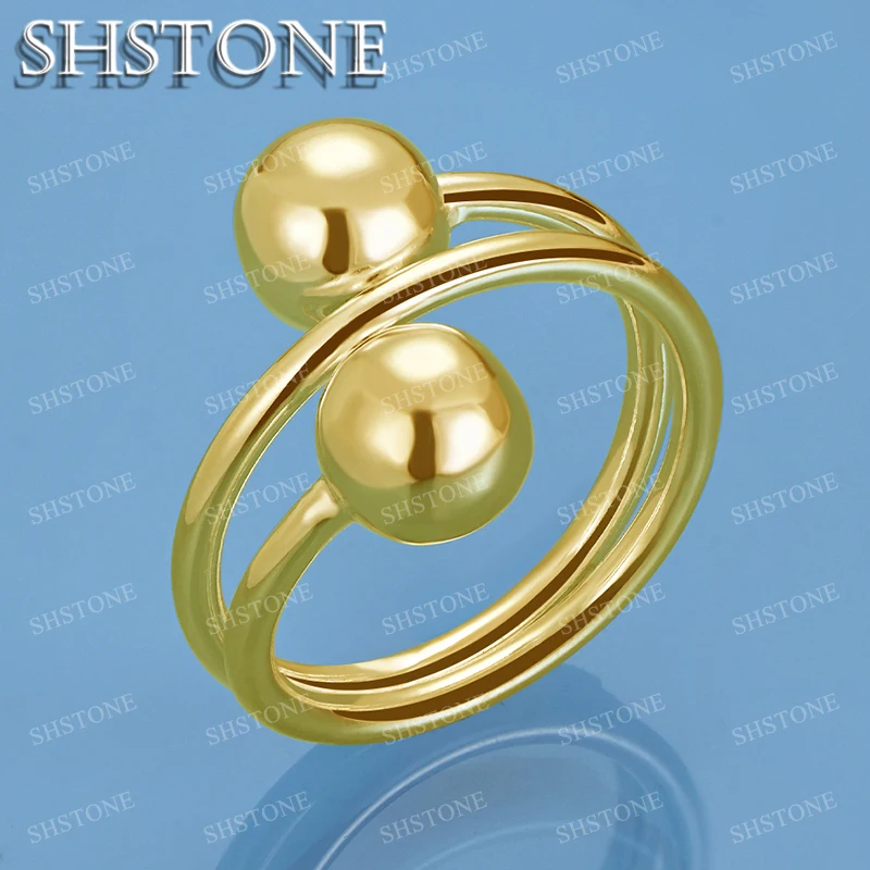 

SHSTONE 18K Gold Double Headed Bead Rings For Women Party Wedding Fashion Jewelry Fine Luxury 925 Sterling Silver Open Ring Gift