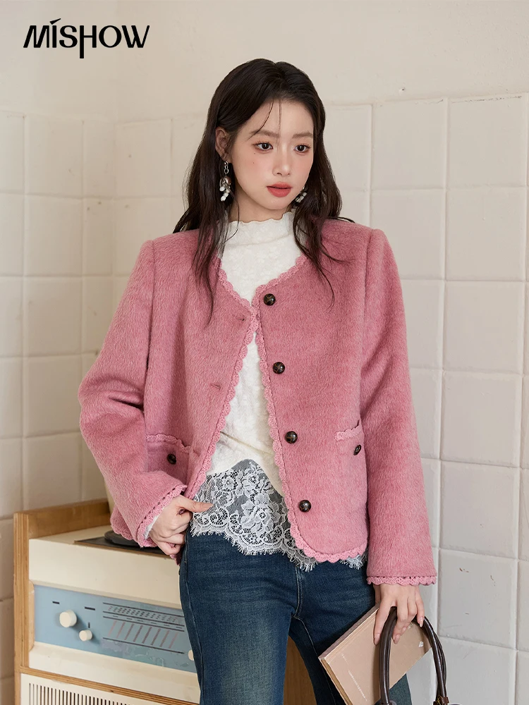 

MISHOW короткое шерстяное пальто для женщин, зима 2025 года, милый стиль, однобортное пальто с круглым вырезом и кружевным краем MXE51W0873