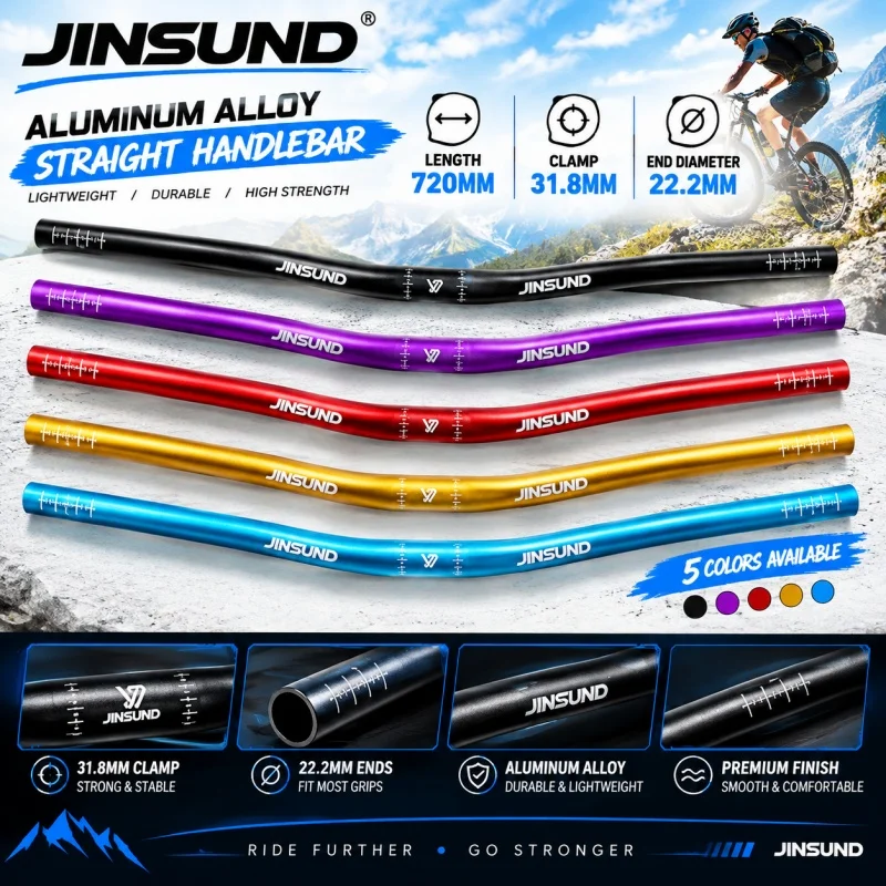 JINSUND 720mm MTB Straight Handlebar 31.8mm Clamp 22.2mm Ends Aluminum Alloy Mountain Bike Bar
