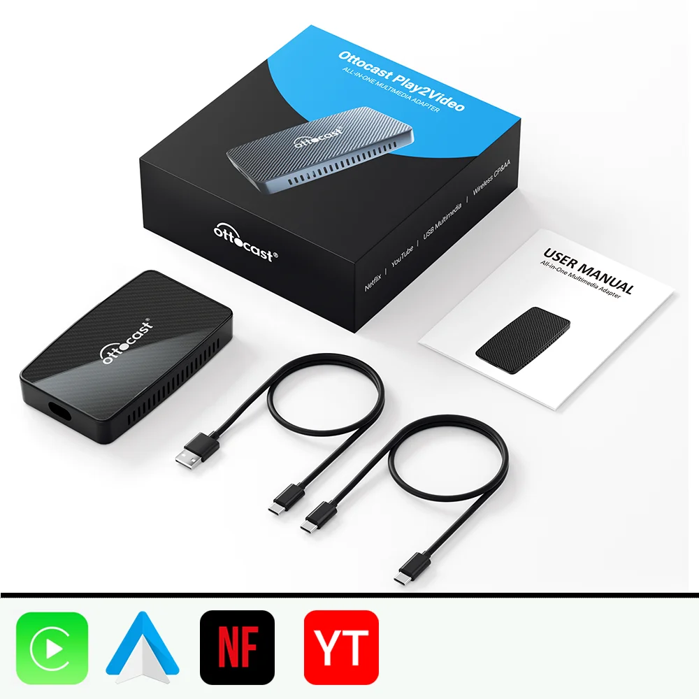 Ottocast Playvideo Wireless Carplay Wireless Android Auto Adaptateur pour YouTube Netflix Video Playback Car Accessoires