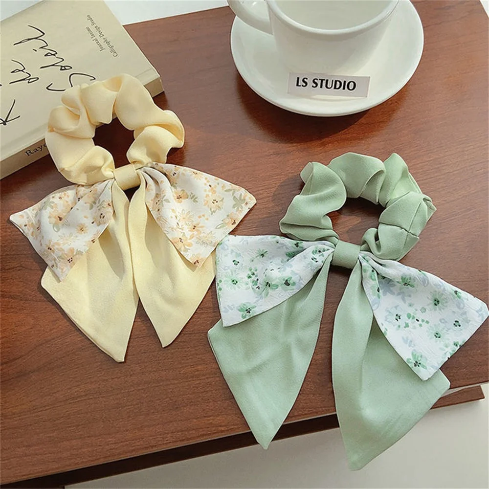 Fashion Floral Bowknot Scrunchies Long Ribbon Ponytail Scarf Hair Tie Women Girls Elastic Hair Bands Hair Accessories