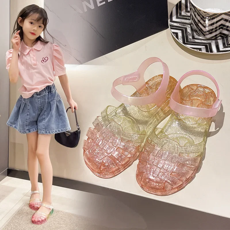 Summer Children Gradient Rainbow Woven Sandals Kids Hollow Soft-Soled Beach Shoes Girls Roman Water Shoes Outdoor Casual Shoes