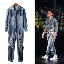 European and American personality fashion men's denim jumpsuit hip-hop men's ripped jeans performance clothes