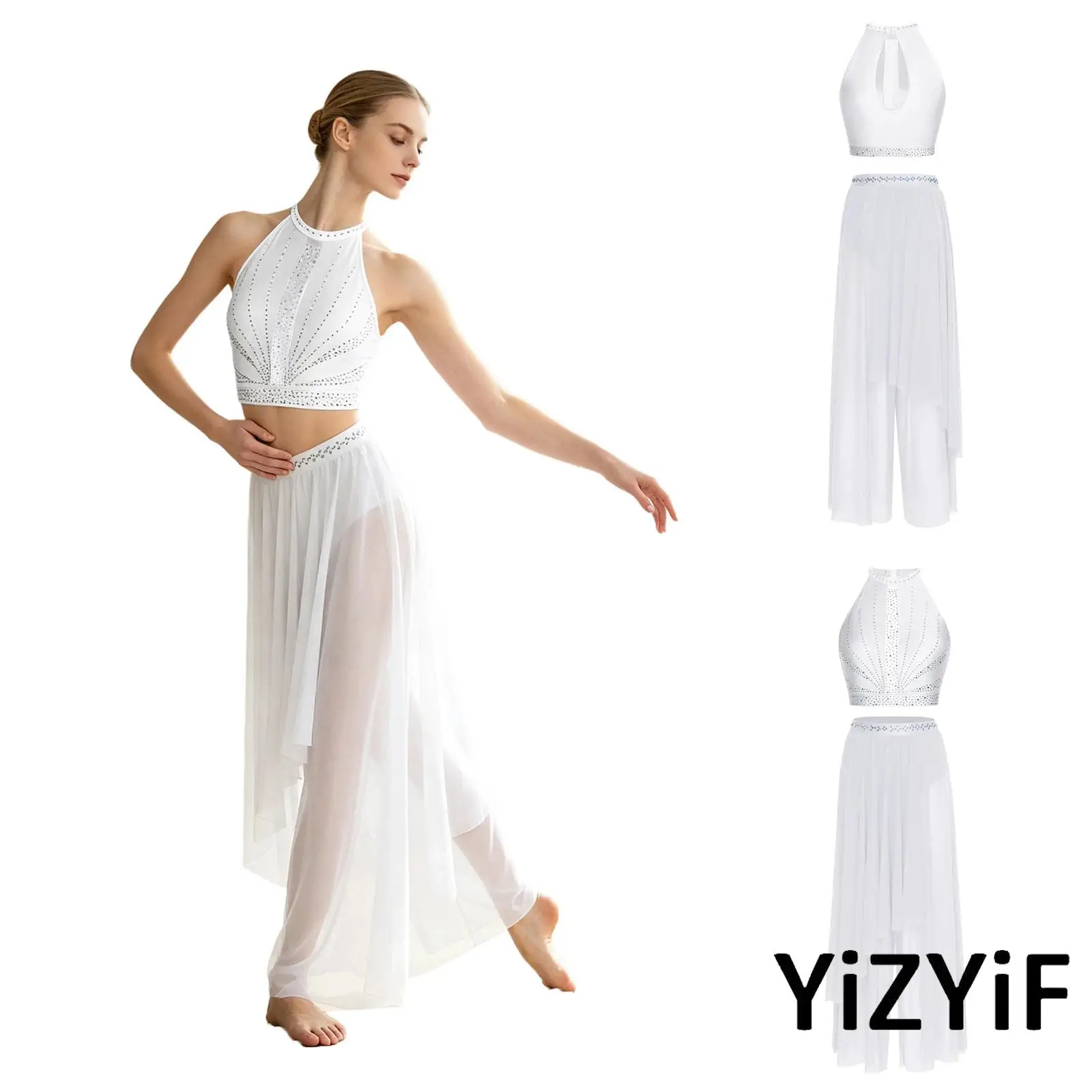 Sleeveless Keyhole Back Rhinestone Tank Top and Mesh Pants Set Womens Belly Jazz Dance Competition Clothes for Stage Performance