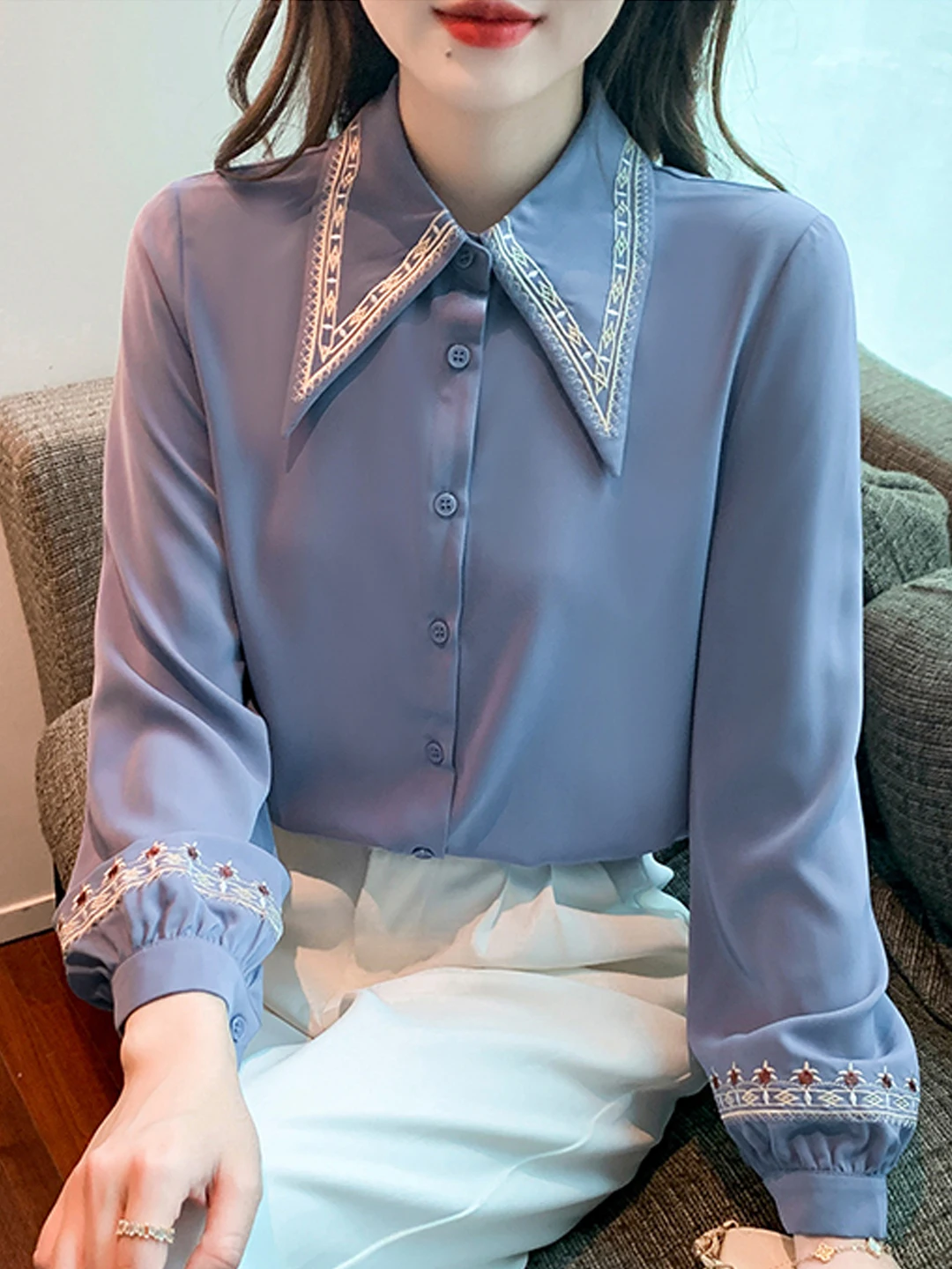 

French Sle Embroidered Long Sve Women's irt Single Button Chiffon Top Versatile Loose Fit Spring Summer Faion Design